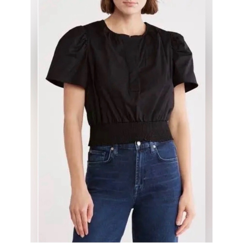 Elie Tahari Black Puff Short Sleeve Smocked Hem Split V-Neck Blouse Top Medium